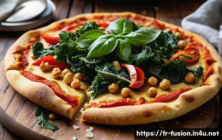 퓨전 피자 비건 옵션 트렌드 - A close-up, high-resolution image of a golden chickpea flour pizza crust with a slightly nutty textu...