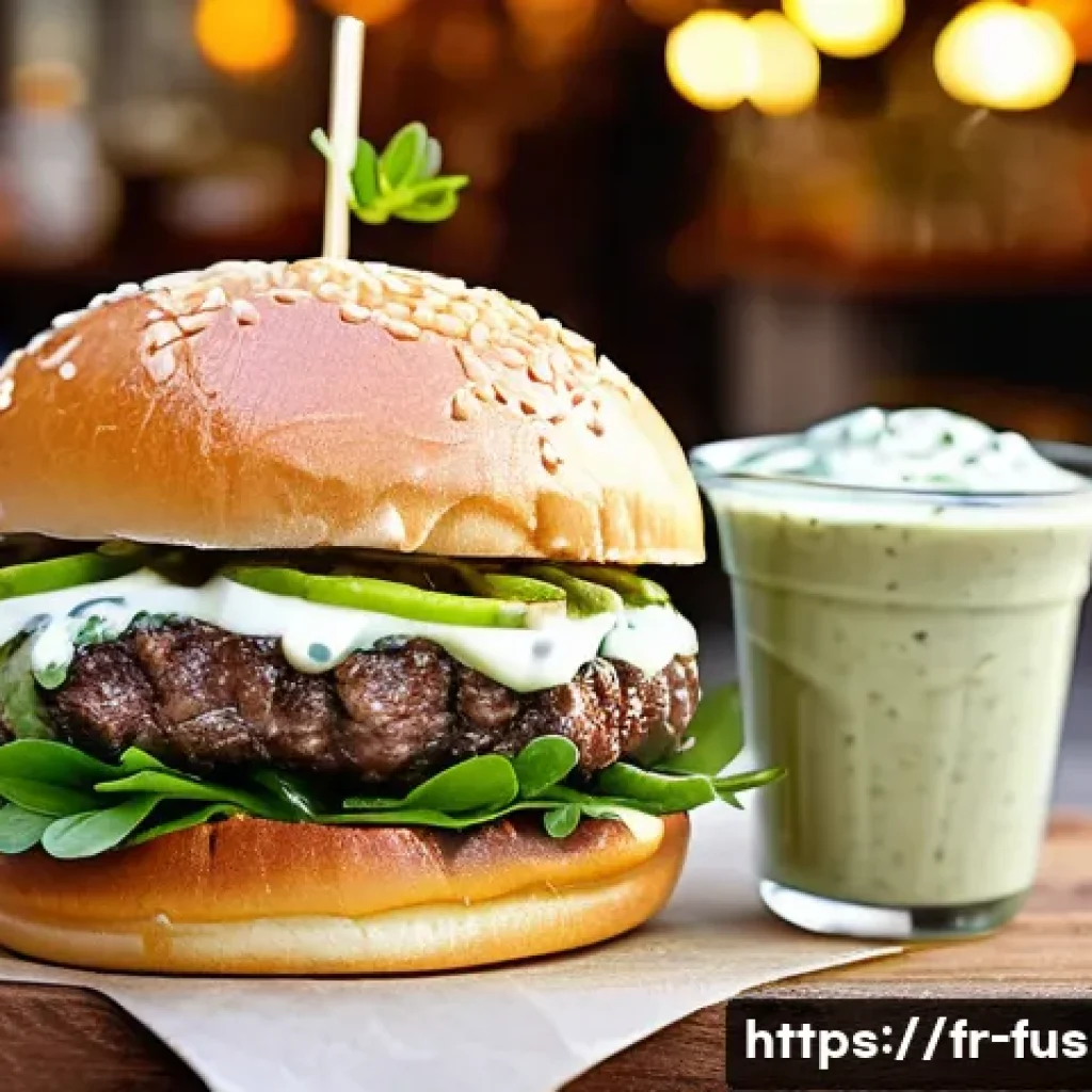 퓨전 패스트푸드 소스 종류 - A vibrant close-up of a gourmet fusion burger served in a rustic Parisian street food setting, featu...