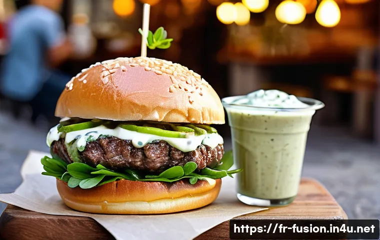 퓨전 패스트푸드 소스 종류 - A vibrant close-up of a gourmet fusion burger served in a rustic Parisian street food setting, featu...
