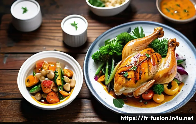 퓨전 치킨의 글로벌 성공 사례 - A vibrant fusion chicken dish artfully plated on a rustic wooden table, featuring a glazed grilled c...