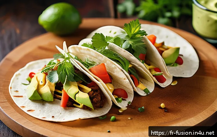 퓨전 타코 배달 비교 - A vibrant close-up of a gourmet fusion taco on a rustic wooden table, featuring a soft homemade tort...