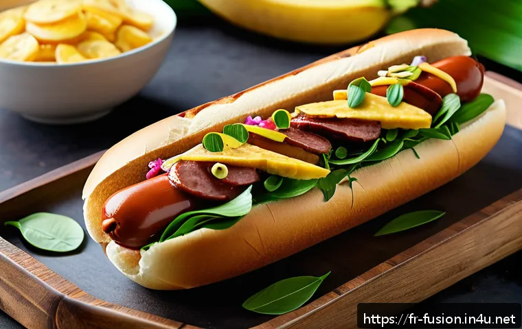 퓨전 핫도그의 주요 원재료 - A gourmet fusion hot-dog presented on a rustic wooden tray lined with banana leaves, featuring a sof...