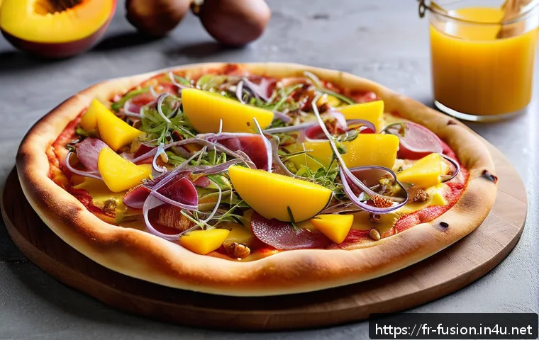 퓨전 피자 한정판 메뉴 - A gourmet fusion pizza scene showcasing a thin, golden turmeric-infused crust with a slightly crispy...
