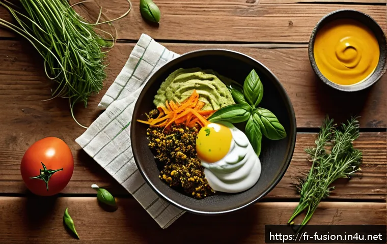 퓨전 패스트푸드 소스 영양소 - A vibrant, rustic kitchen scene showcasing a variety of natural sauce ingredients artfully arranged ...