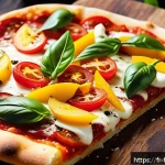 Home 22 퓨전 피자 특가 행사 정보 - A vibrant close-up of a fusion pizza slice featuring a thin, crispy Italian-style crust topped with ...