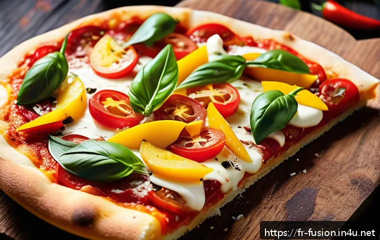 퓨전 피자 특가 행사 정보 - A vibrant close-up of a fusion pizza slice featuring a thin, crispy Italian-style crust topped with ...