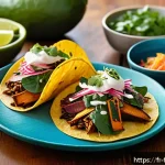 Home 21 퓨전 타코 DIY 패키지 - A vibrant fusion taco scene showcasing a colorful sweet potato and spinach tortilla filled with hois...