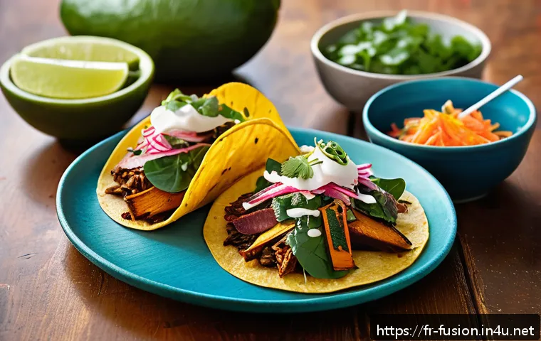퓨전 타코 DIY 패키지 - A vibrant fusion taco scene showcasing a colorful sweet potato and spinach tortilla filled with hois...