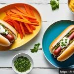 Home 20 퓨전 핫도그와 어린이 메뉴 - A vibrant, colorful children’s meal featuring a fusion hot-dog on a plate, with a whole-grain bun sl...
