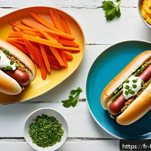 Home 32 퓨전 핫도그와 어린이 메뉴 - A vibrant, colorful children’s meal featuring a fusion hot-dog on a plate, with a whole-grain bun sl...