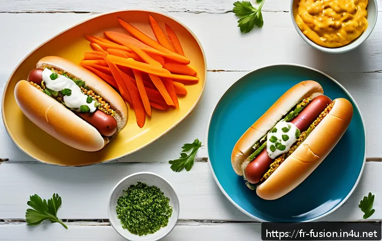 퓨전 핫도그와 어린이 메뉴 - A vibrant, colorful children&rsquo;s meal featuring a fusion hot-dog on a plate, with a whole-grain bun sl...
