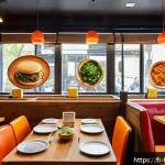 Home 19 퓨전 패스트푸드 할랄 제품 찾기 - A vibrant halal fusion fast-food restaurant interior in Paris, showcasing a modern, multicultural am...