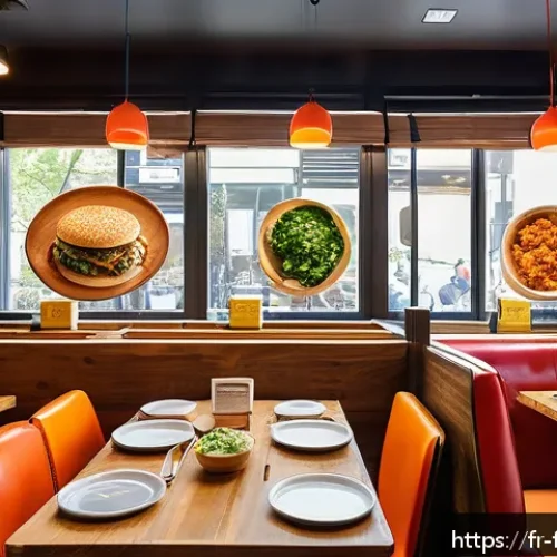 Home 31 퓨전 패스트푸드 할랄 제품 찾기 - A vibrant halal fusion fast-food restaurant interior in Paris, showcasing a modern, multicultural am...