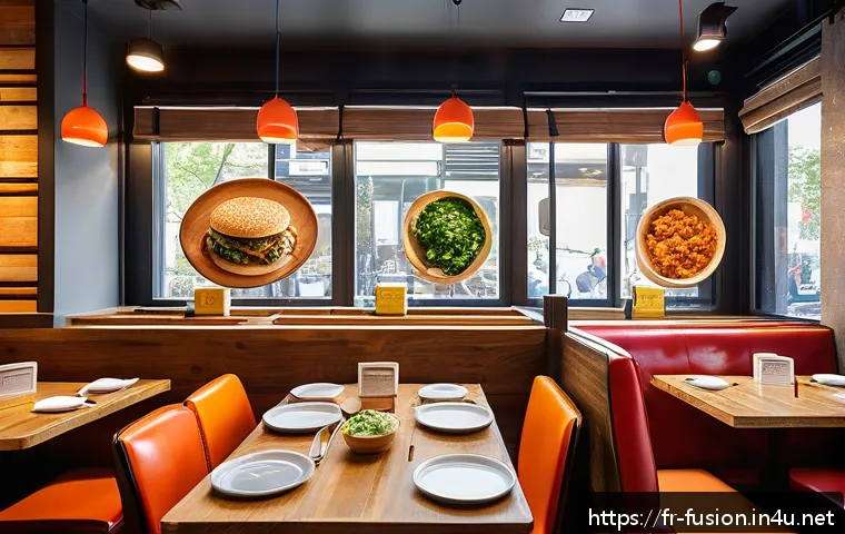 퓨전 패스트푸드 할랄 제품 찾기 - A vibrant halal fusion fast-food restaurant interior in Paris, showcasing a modern, multicultural am...