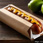 Home 18 퓨전 핫도그 고급 포장재 - A stylish eco-friendly hot dog packaging design featuring recycled kraft paper with natural textures...