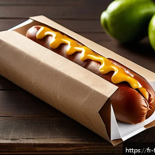 Home 30 퓨전 핫도그 고급 포장재 - A stylish eco-friendly hot dog packaging design featuring recycled kraft paper with natural textures...