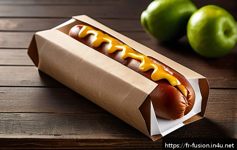 퓨전 핫도그 고급 포장재 - A stylish eco-friendly hot dog packaging design featuring recycled kraft paper with natural textures...