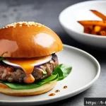 Home 23 퓨전 패스트푸드 현지 농산물 활용 - A gourmet fusion fast-food burger showcasing a locally sourced South-Western French duck confit patt...
