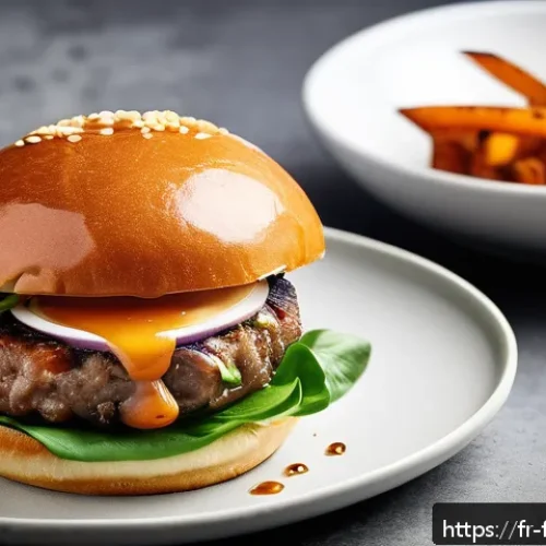 Home 17 퓨전 패스트푸드 현지 농산물 활용 - A gourmet fusion fast-food burger showcasing a locally sourced South-Western French duck confit patt...