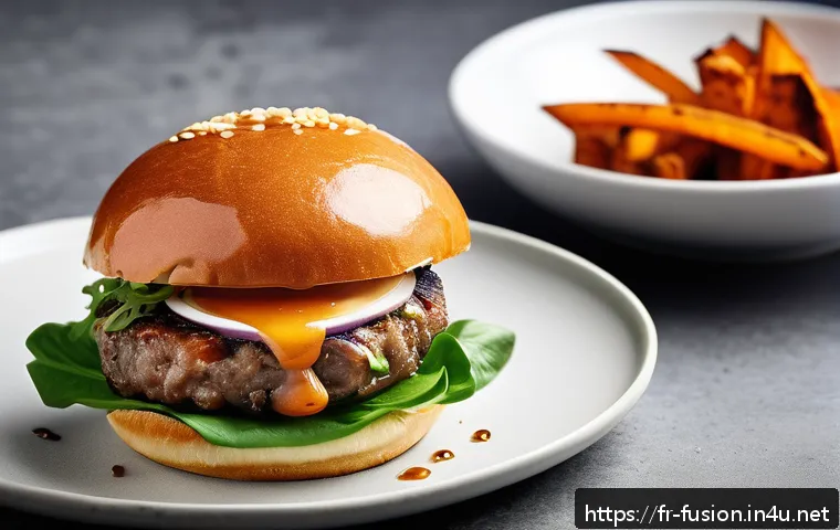 퓨전 패스트푸드 현지 농산물 활용 - A gourmet fusion fast-food burger showcasing a locally sourced South-Western French duck confit patt...