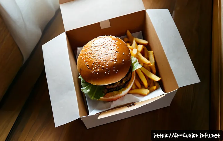 Home 30 퓨전 버거의 배달 패키지 - Photorealistic overhead view of a gourmet fusion burger delivery meal arranged on a clean Paris apar...