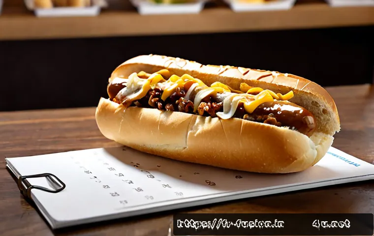 Home 17 퓨전 핫도그 신제품 출시 일정 - Photorealistic French street-food launch scene, a gourmet fusion hot dog topped with melted raclette...