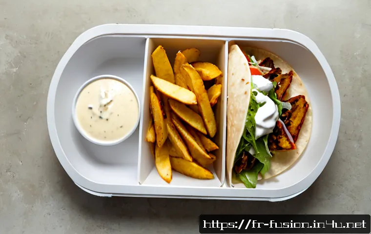 Home 31 퓨전 패스트푸드 간편식 추천 - Photorealistic overhead food photography of a French fusion fast-food convenience meal: a crispy Fre...