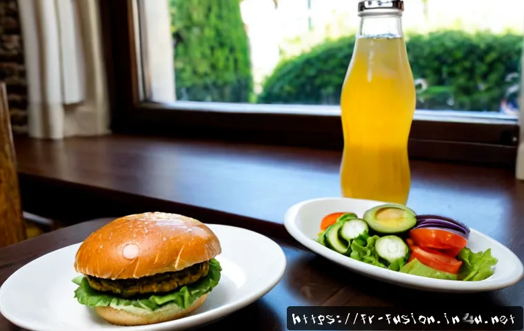 Home 30 퓨전 버거의 건강식 옵션 - Photorealistic French bistro-style table featuring a healthy fusion burger on a whole-grain bun, gri...