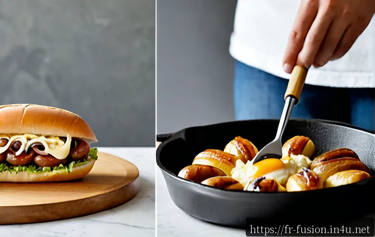 Home 17 퓨전 핫도그의 간편 조리법 - Photorealistic French home kitchen scene, an easy fusion hot dog being prepared in a cast-iron skill...