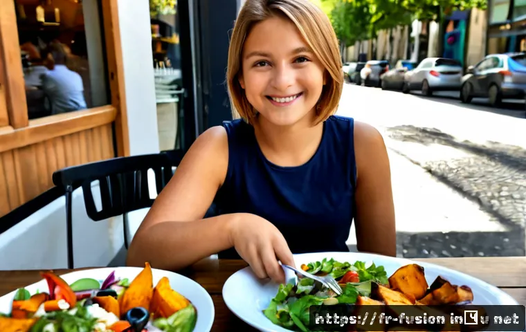 Home 17 퓨전 패스트푸드 어린이용 건강식 - Photorealistic French family fast-casual restaurant scene, a cheerful child with parents choosing a ...