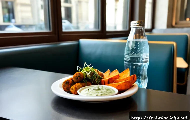 Home 17 퓨전 패스트푸드 건강식 트렌드 - Photorealistic modern Parisian fast-casual restaurant table featuring a healthy fusion meal: grilled...