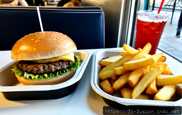 Home 17 글로벌 패스트푸드 브랜드 비교 - Photorealistic side-by-side comparison scene of two unbranded fast-food meal trays on a clean café t...